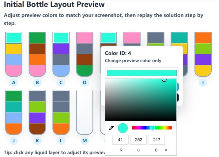 Water Sort Solver color popover for matching preview colors to a screenshot
