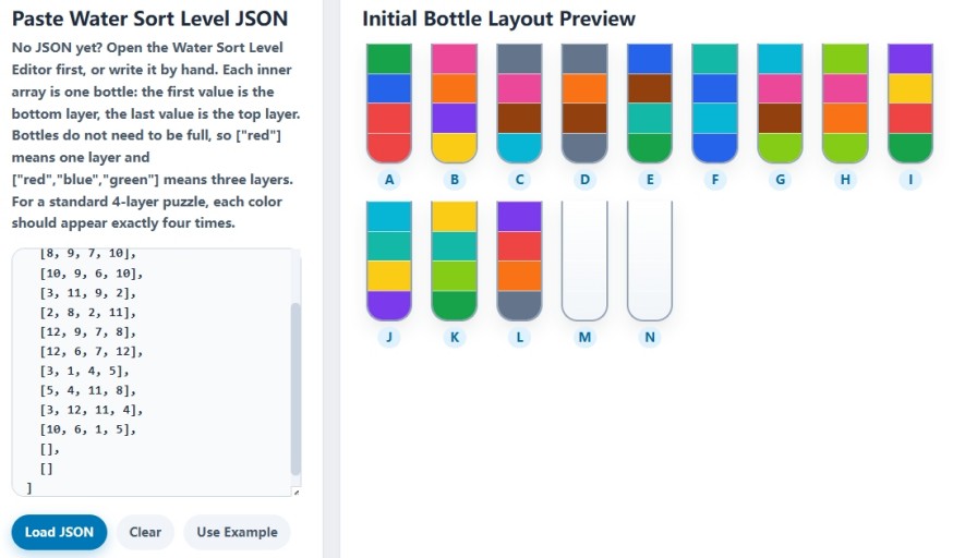 Sort Solver page with Level 105 JSON pasted and preview loaded