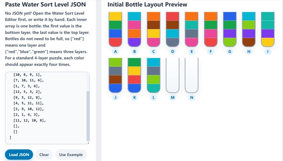 Sort Solver page with Level 107 JSON pasted and preview loaded