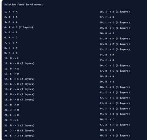 Water sort solver output showing the Level 107 move sequence