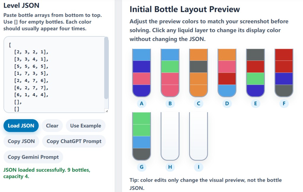 Sort Solver preview with Water Sort Level 11 JSON loaded