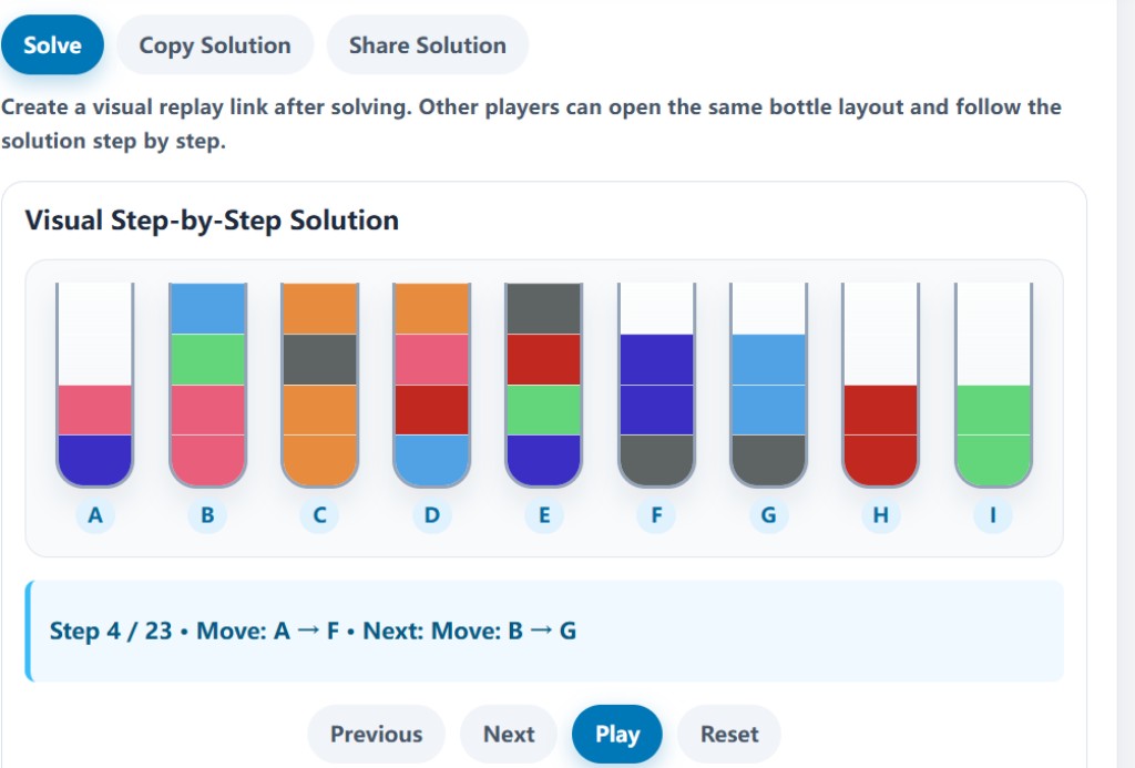 Water Sort Level 11 solution output showing the 23-move solver answer