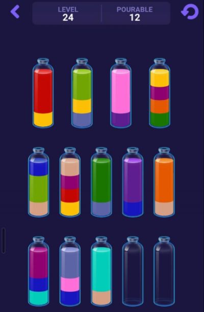 Water Sort Level 24 screenshot used to read bottle colors