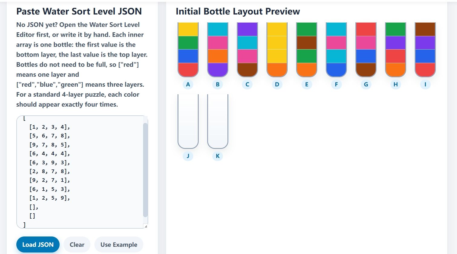 Sort Solver page with JSON pasted for Water Sort Level 50