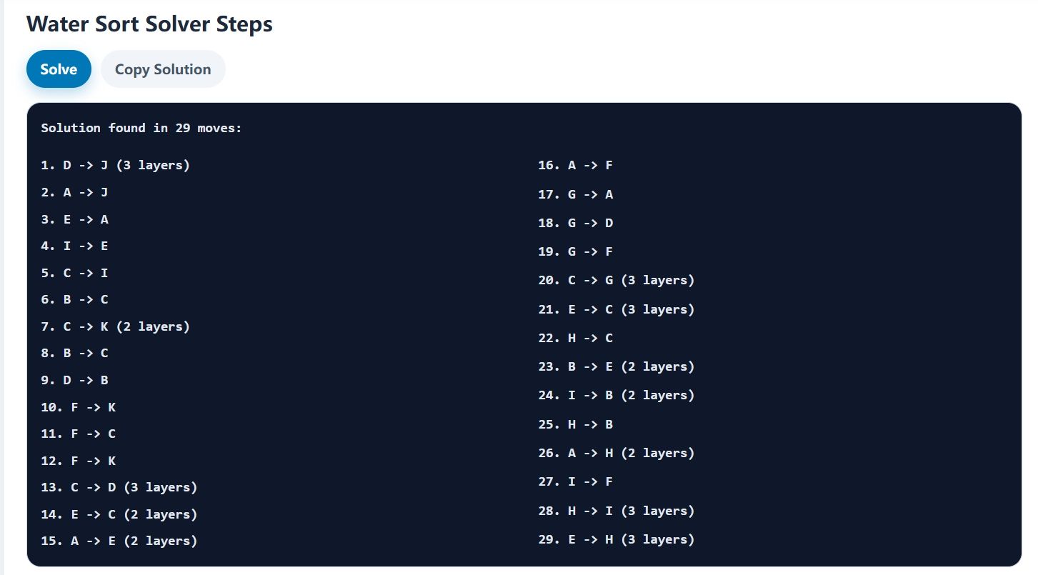 Water sort level solver output showing A to C solution steps